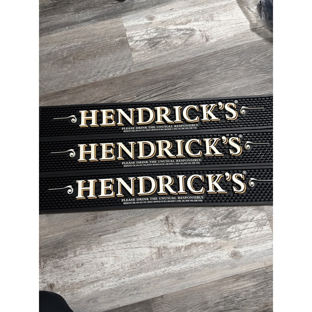 Hendrick's Gin Bar Mat Rubber Spill Rail Mat Black Gold 3-Piece Set 2022